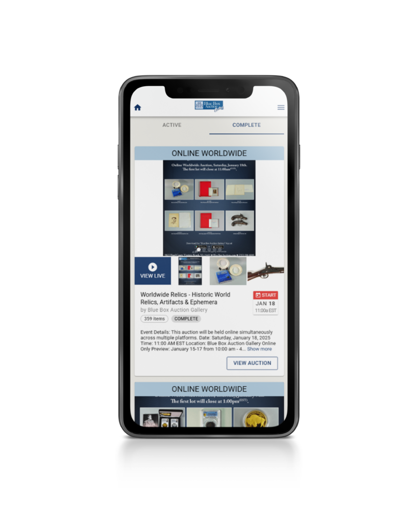 The Blue Box Auction Gallery app on an iPhone