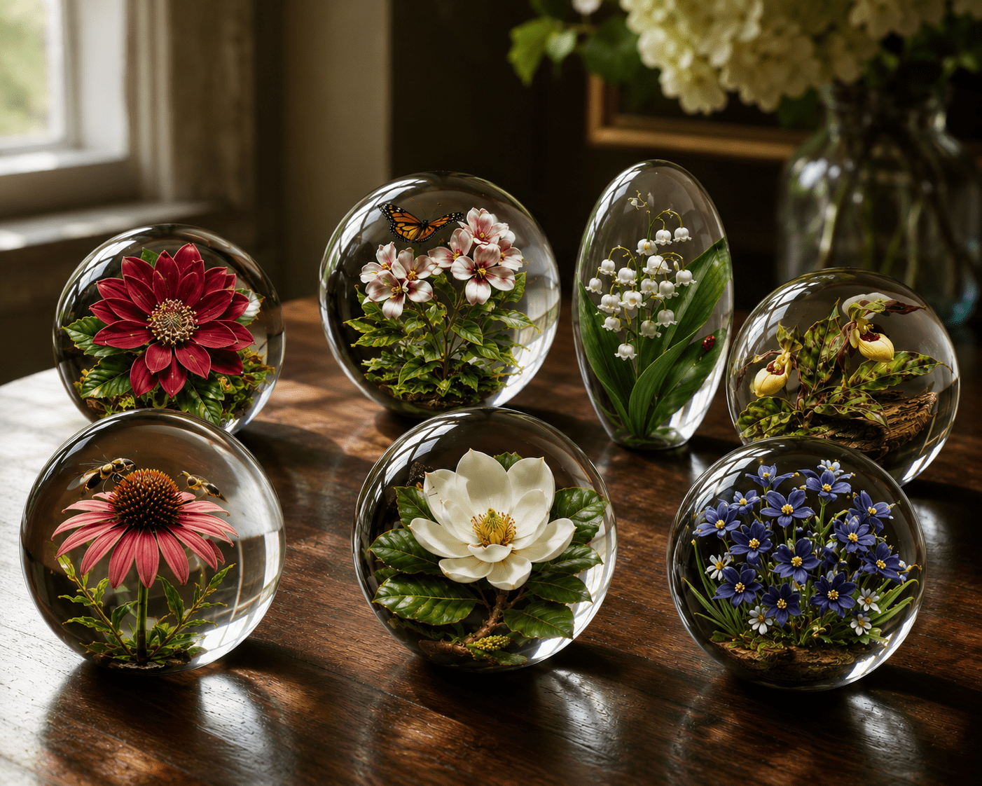 Elegant glass paperweights with floral details