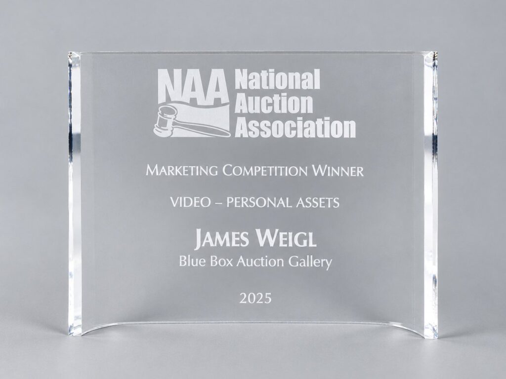 Crystal award engraved: National Auction Association Marketing Competition Winner, Video, Personal Assets, James Weigl, Blue Box Auction Gallery, 2025