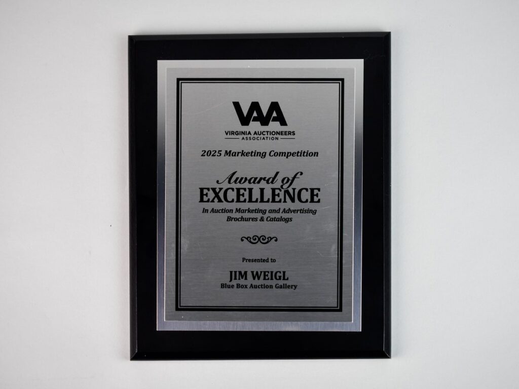 Virginia Auctioneers Association 2025 Marketing Competition plaque: Award of Excellence in Auction Marketing and Advertising, Brochures & Catalogs, presented to Jim Weigl, Blue Box Auction Gallery